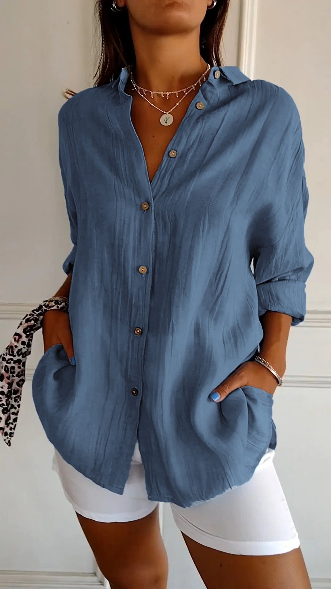 Damen-Sommerbluse mit Langarm – Luftiges Leinen-Seiden-Gemisch mit Faltenwurf und skandinavischer Küsten-Eleganz