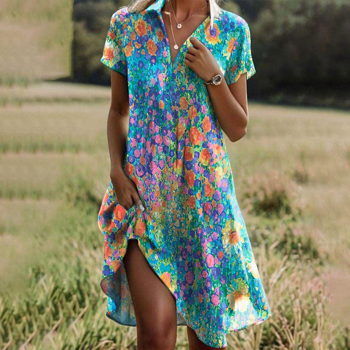 Damen-Sommerkleid mit buntem Blumenprint und kurzen Ärmeln