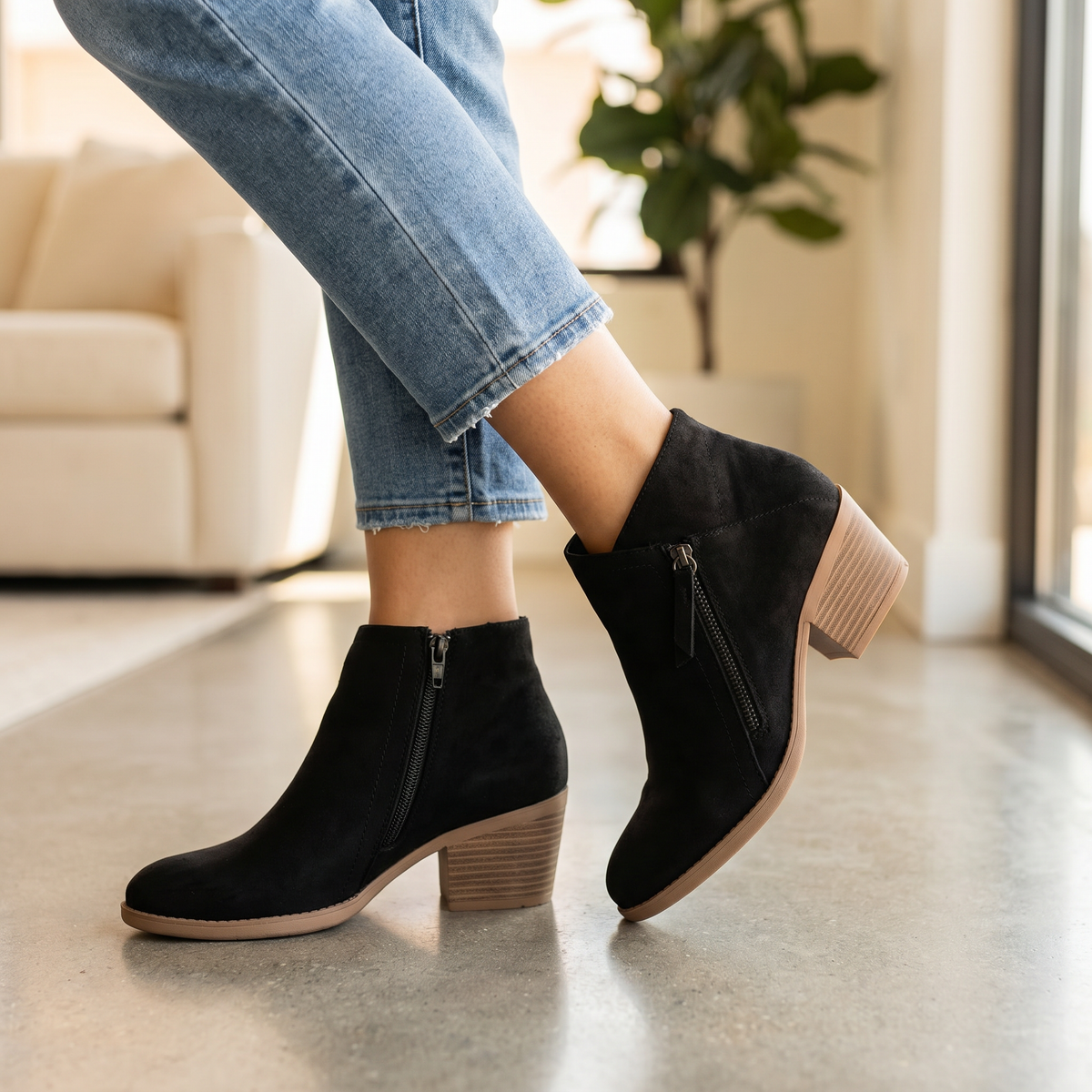 Damen-Stiefeletten aus Wildleder mit Blockabsatz | Fußgewölbeunterstützung | Reißverschluss