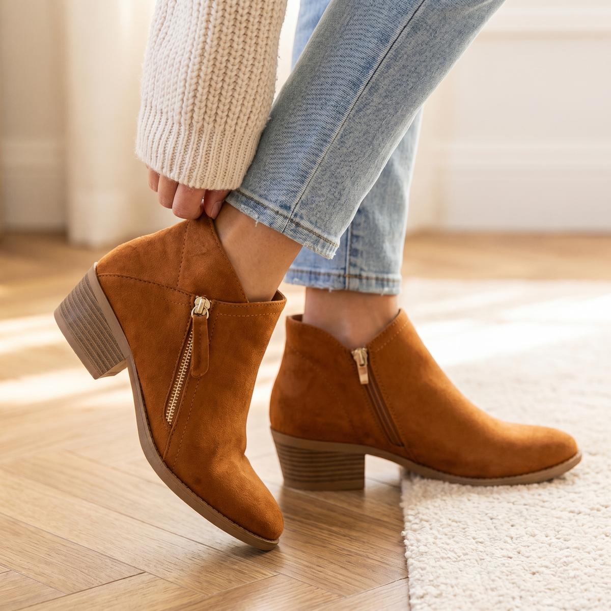 Damen-Stiefeletten aus Wildleder mit Blockabsatz | Fußgewölbeunterstützung | Reißverschluss