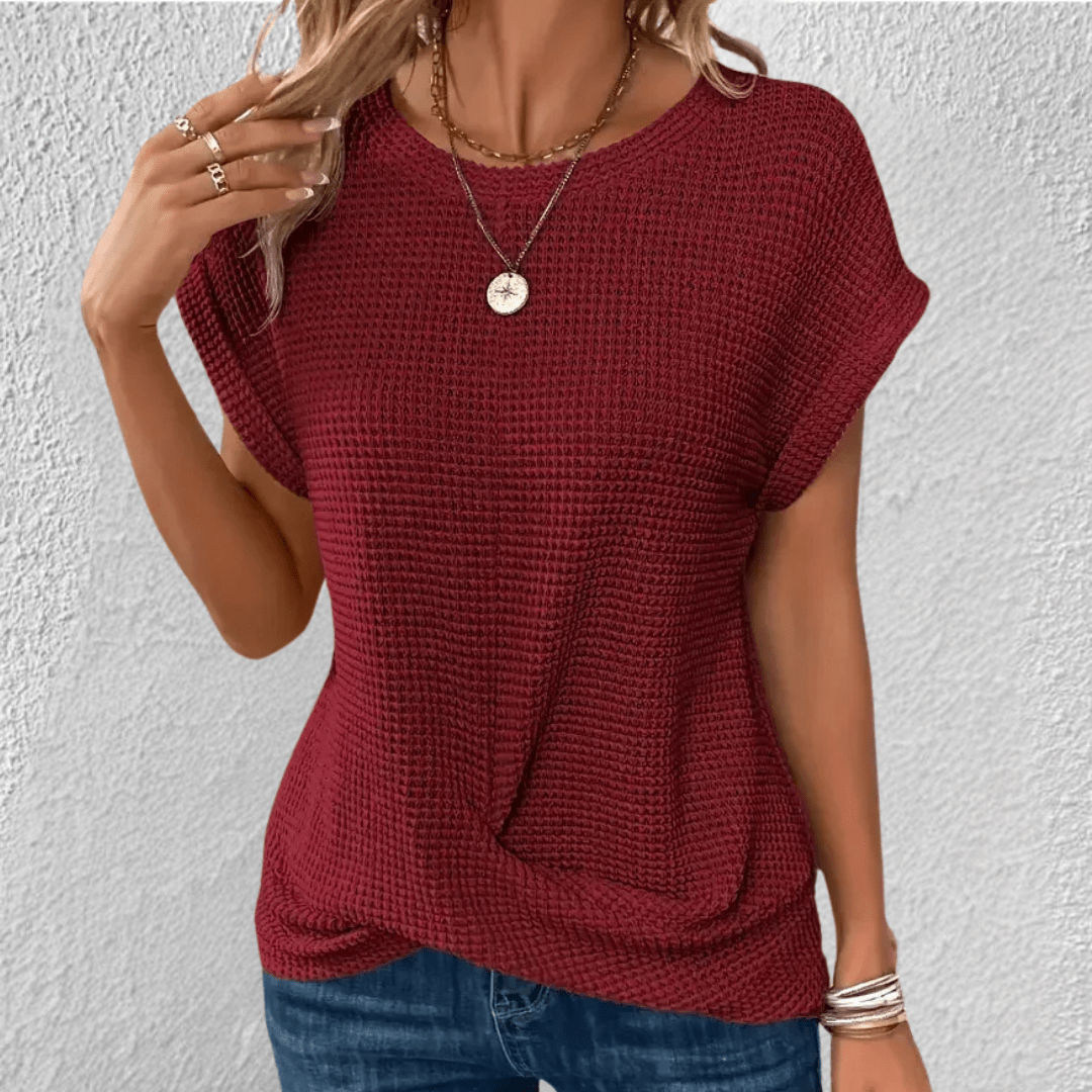 Damen-Strickbluse aus Waffelstrick mit Knoten-Detail vorne