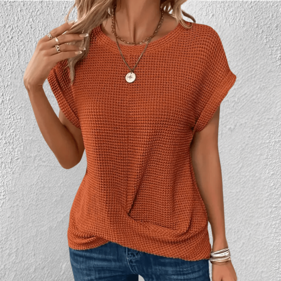 Damen-Strickbluse aus Waffelstrick mit Knoten-Detail vorne