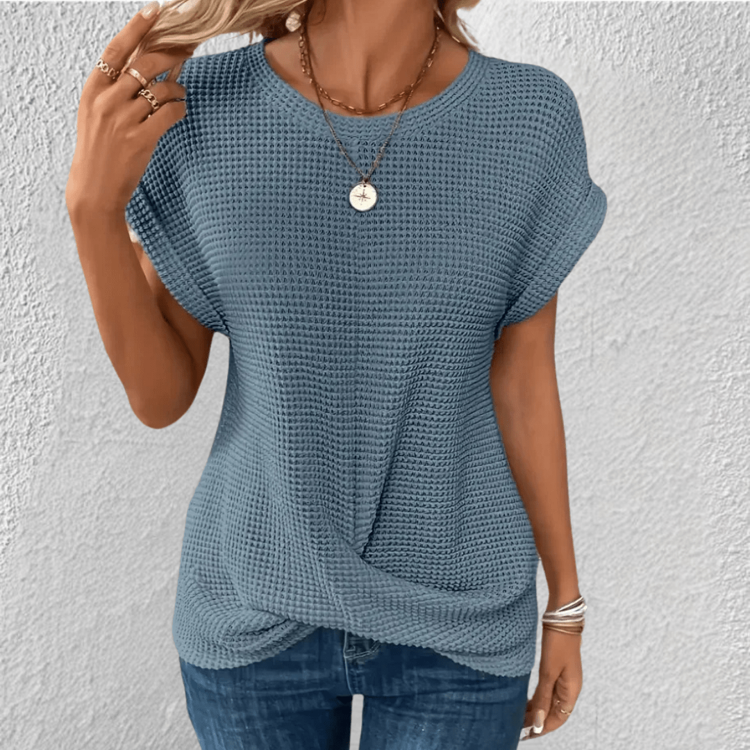 Damen-Strickbluse aus Waffelstrick mit Knoten-Detail vorne