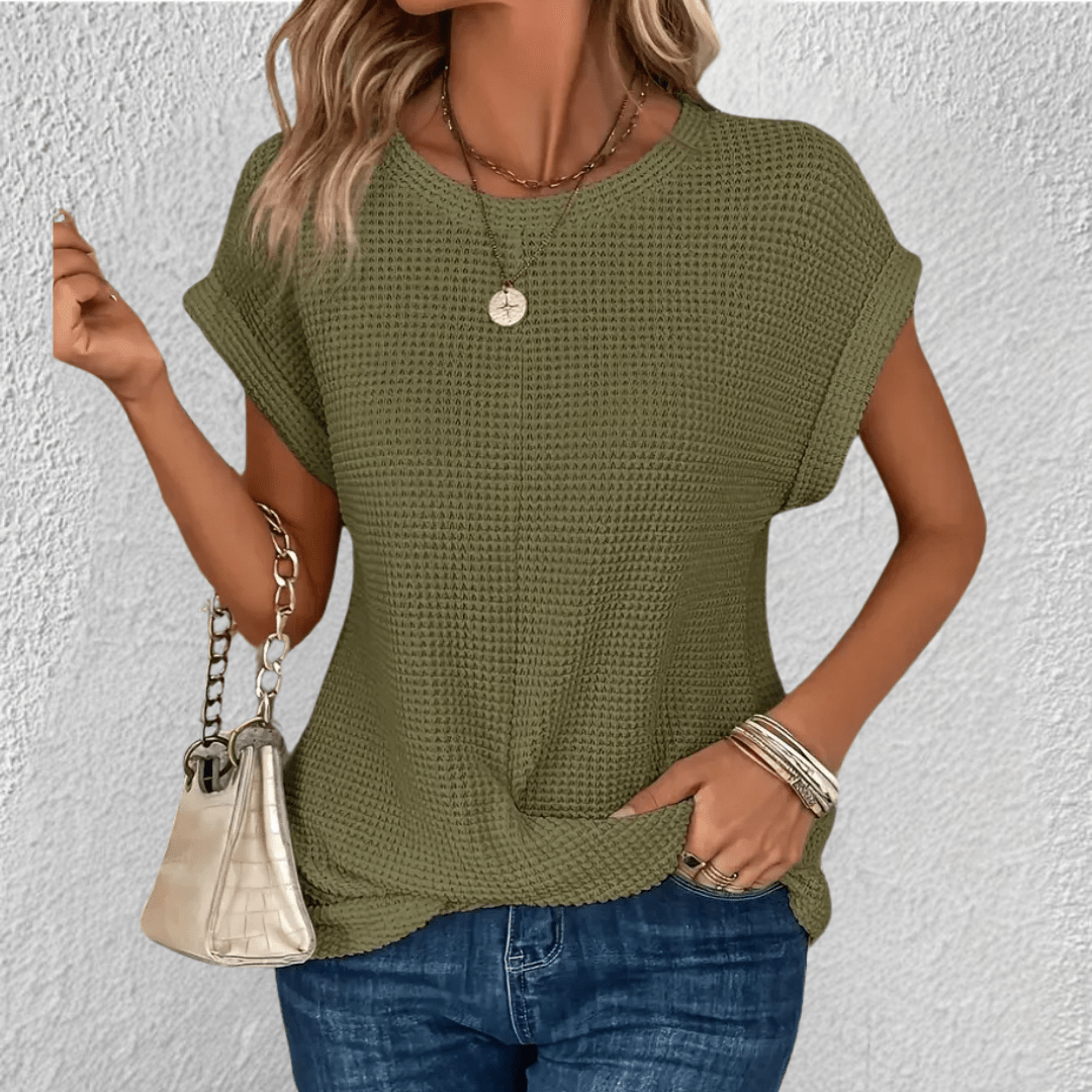 Damen-Strickbluse aus Waffelstrick mit Knoten-Detail vorne