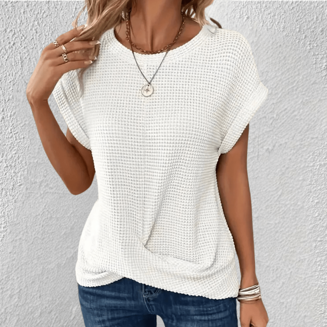 Damen-Strickbluse aus Waffelstrick mit Knoten-Detail vorne