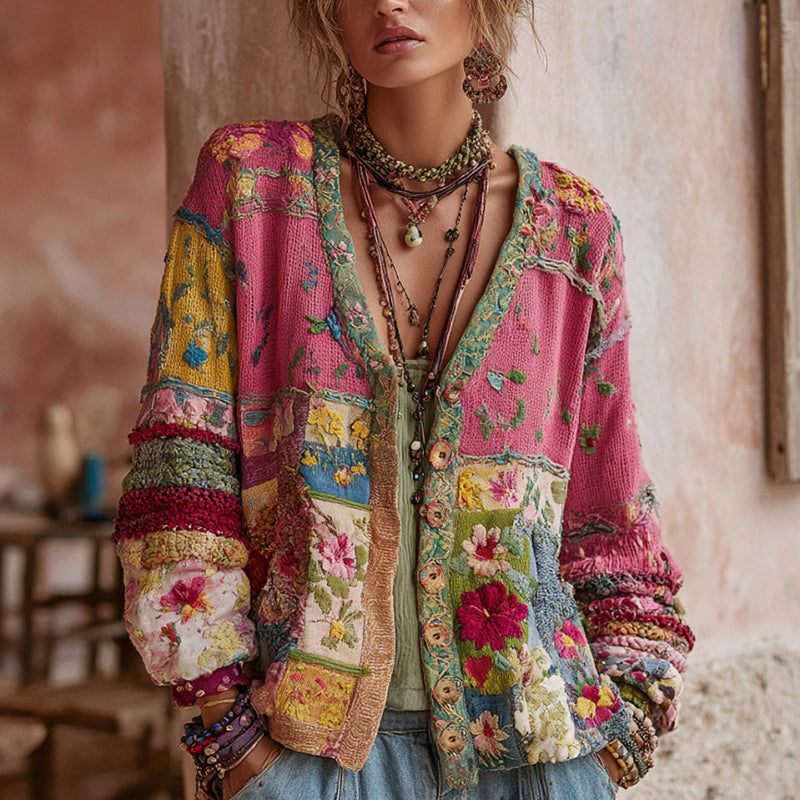 Damen-Strickjacke mit floralem Patchwork