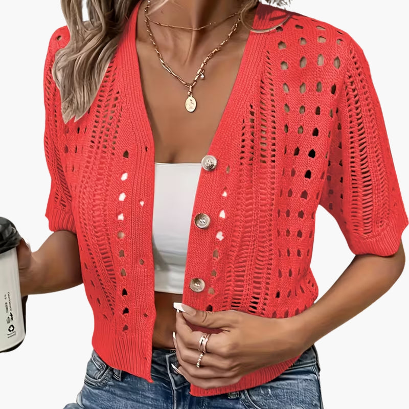 Damen-Strickjacke mit Lochmuster und kurzen Ärmeln