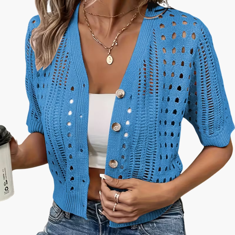 Damen-Strickjacke mit Lochmuster und kurzen Ärmeln