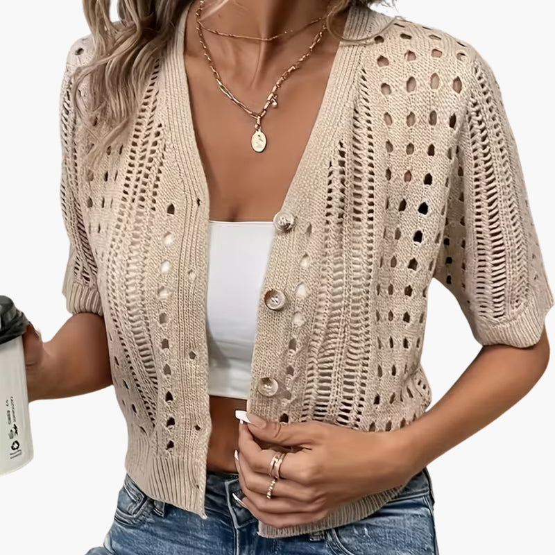 Damen-Strickjacke mit Lochmuster und kurzen Ärmeln