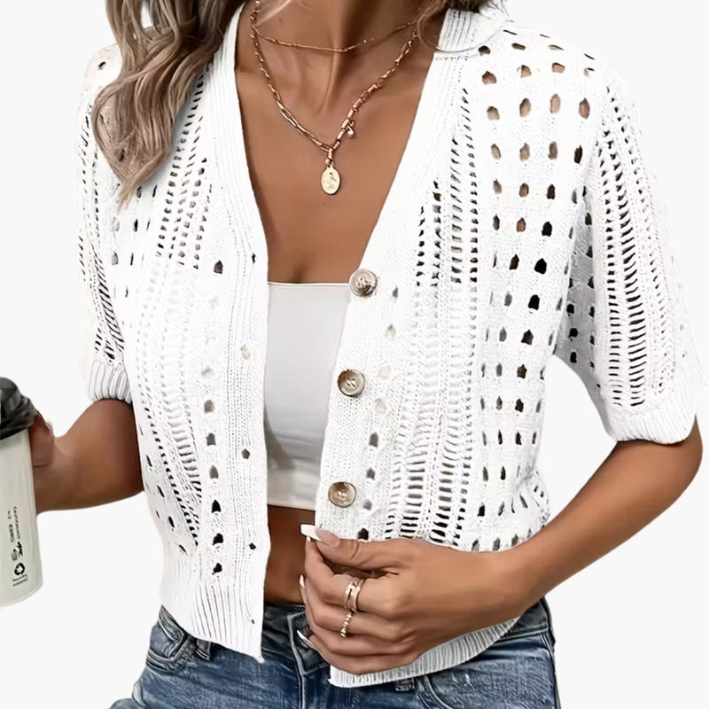 Damen-Strickjacke mit Lochmuster und kurzen Ärmeln