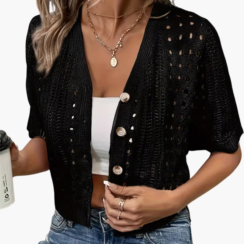 Damen-Strickjacke mit Lochmuster und kurzen Ärmeln