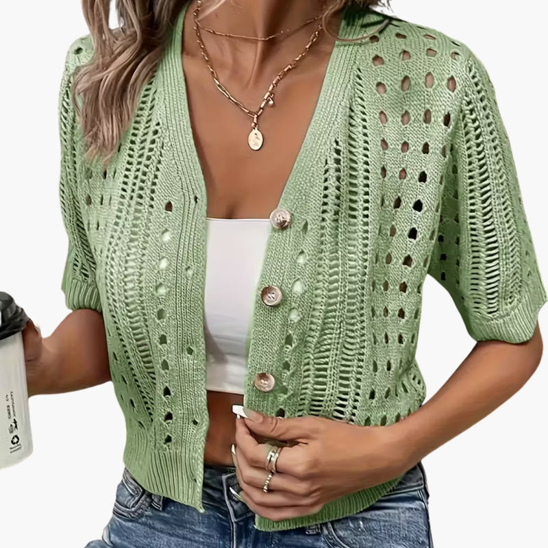 Damen-Strickjacke mit Lochmuster und kurzen Ärmeln