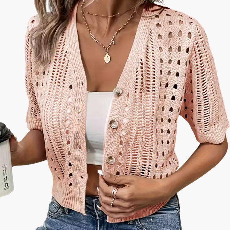Damen-Strickjacke mit Lochmuster und kurzen Ärmeln
