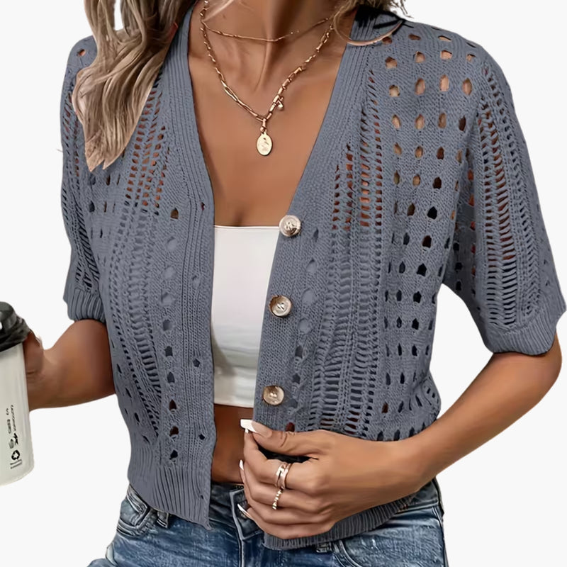 Damen-Strickjacke mit Lochmuster und kurzen Ärmeln
