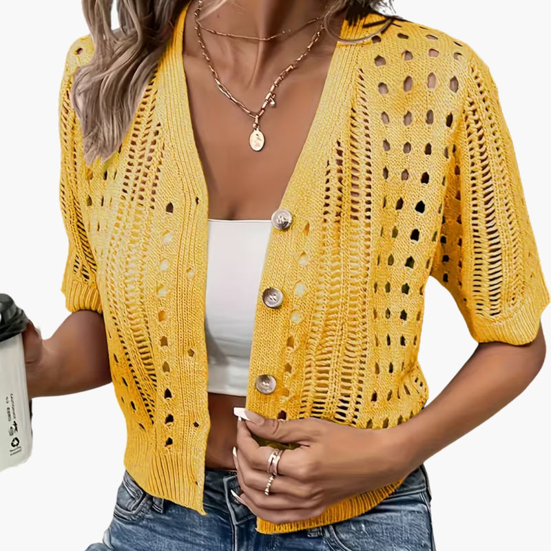 Damen-Strickjacke mit Lochmuster und kurzen Ärmeln