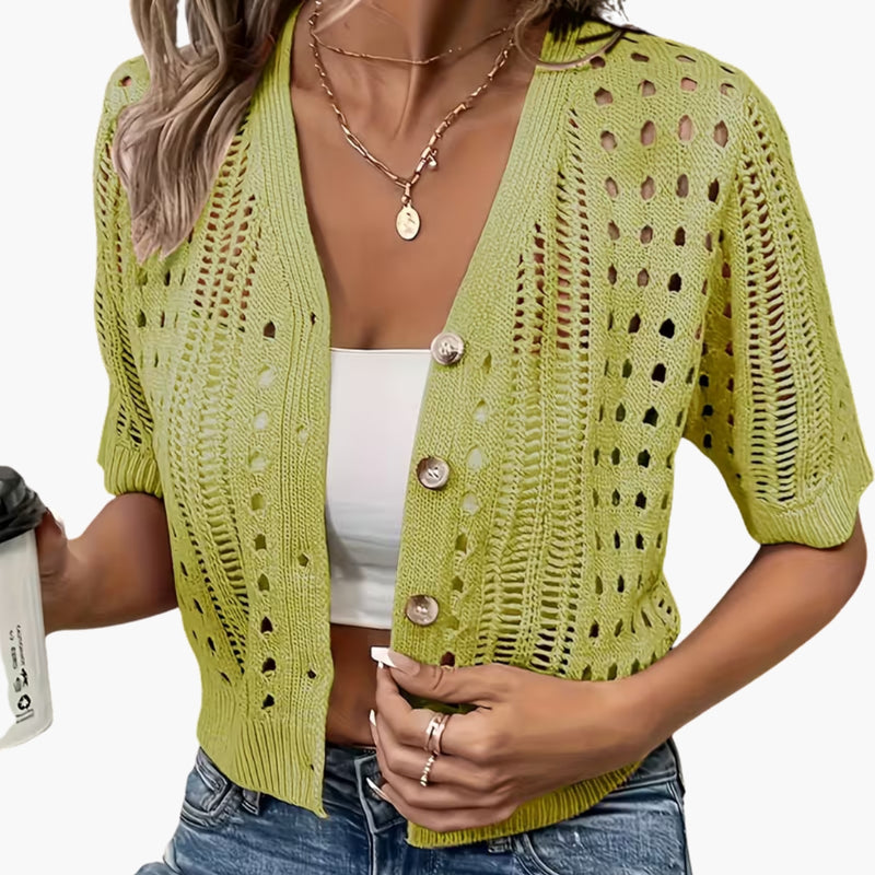 Damen-Strickjacke mit Lochmuster und kurzen Ärmeln