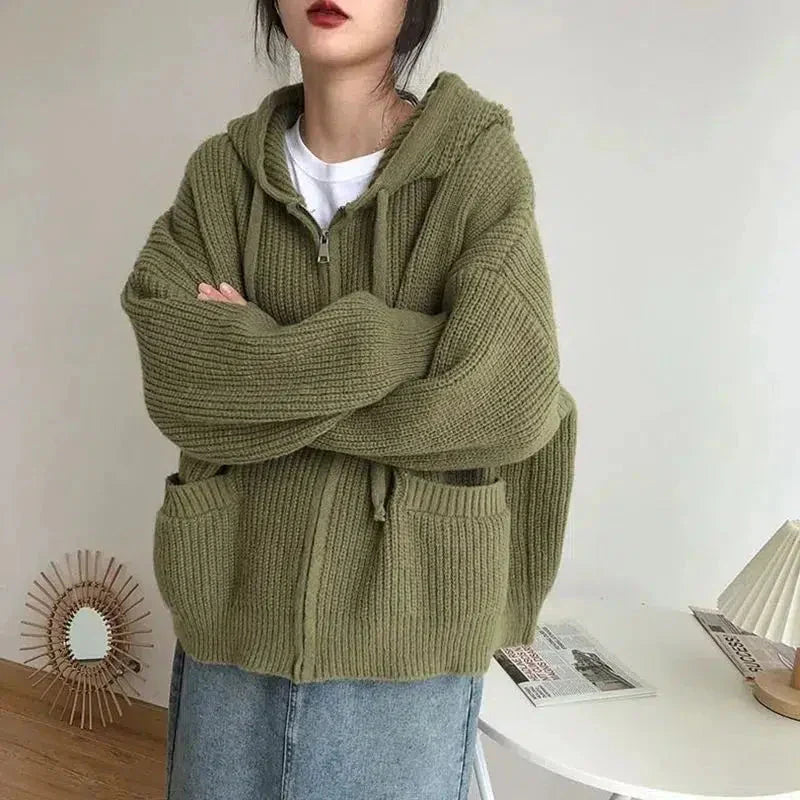 Damen-Strickpullover mit Reißverschluss und Kapuze