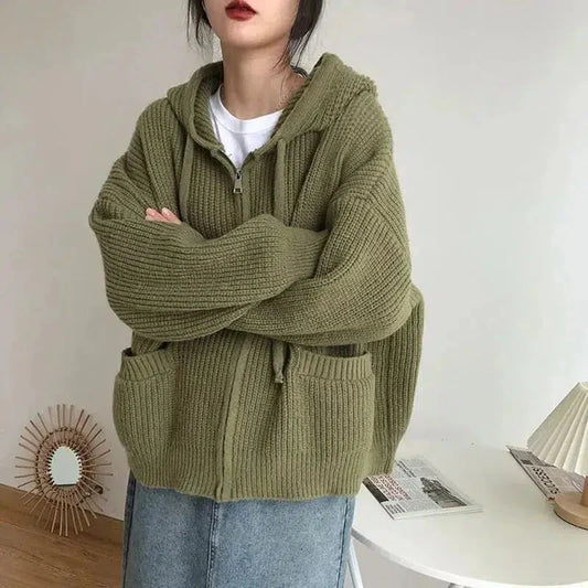 Damen-Strickpullover mit Reißverschluss und Kapuze