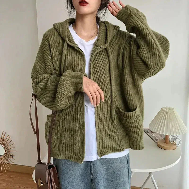 Damen-Strickpullover mit Reißverschluss und Kapuze