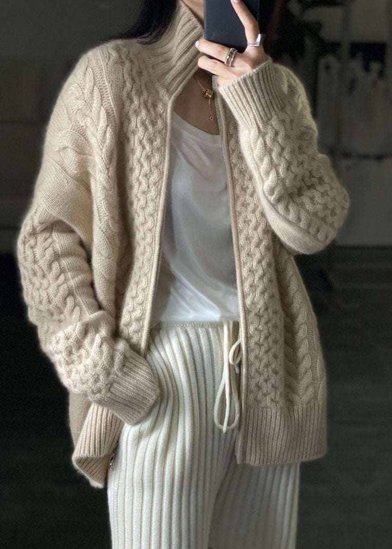 Damen-Strickjacke mit Reißverschluss und Zopfmuster
