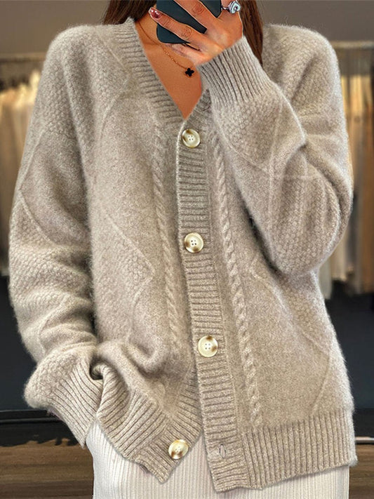 Damen-Strickjacke mit V-Ausschnitt und Zopfmuster