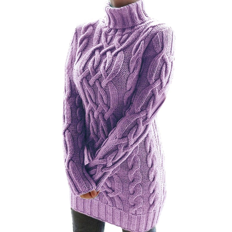 Damen-Strickkleid mit Rollkragen und Zopfmuster