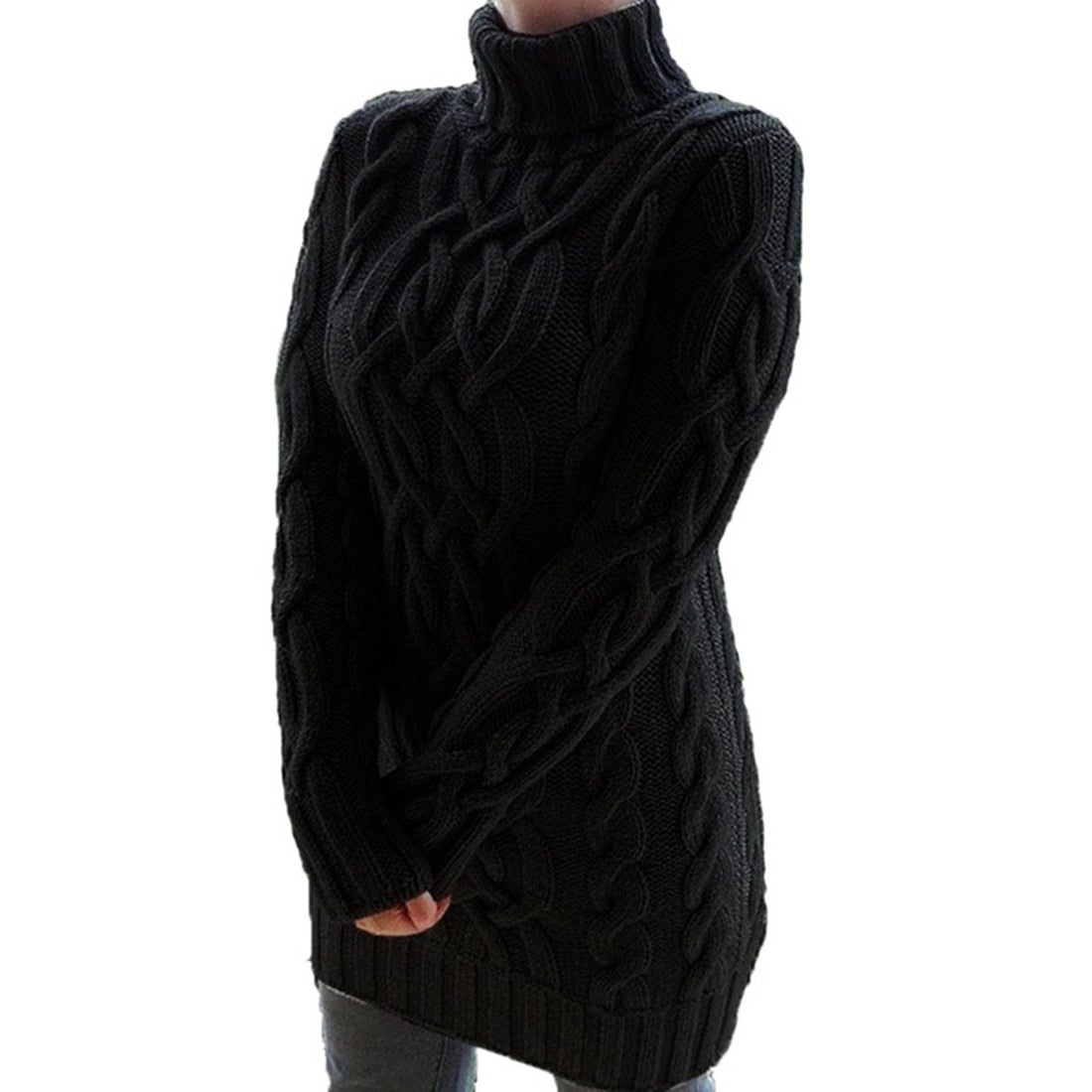 Damen-Strickkleid mit Rollkragen und Zopfmuster
