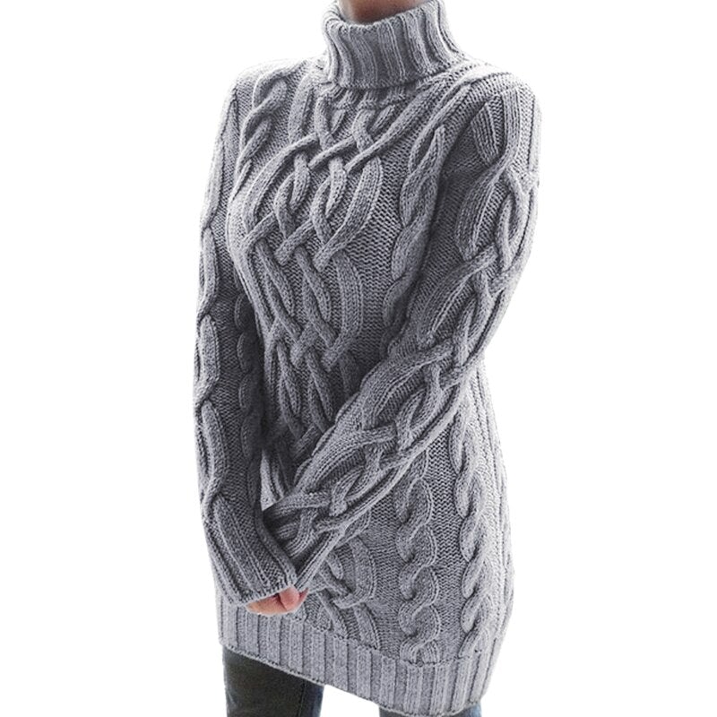 Damen-Strickkleid mit Rollkragen und Zopfmuster