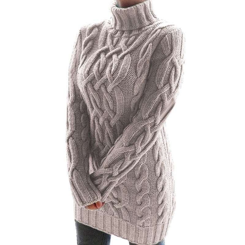 Damen-Strickkleid mit Rollkragen und Zopfmuster