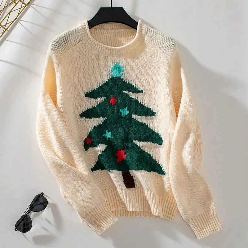 Damen-Strickpullover aus Acryl mit Rundhalsausschnitt und Weihnachtsbaummuster – reguläre Passform für kühle Tage