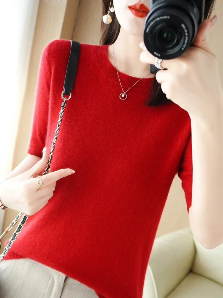 Damen-Strickpullover aus Merinowollmischung mit Rundhalsausschnitt
