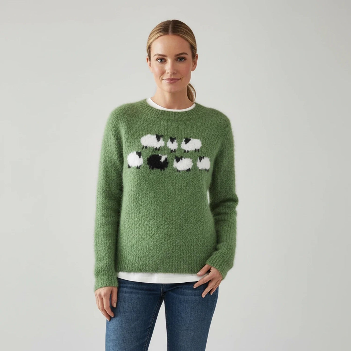 Damen-Strickpullover mit Schwarzem-Schaf-Motiv
