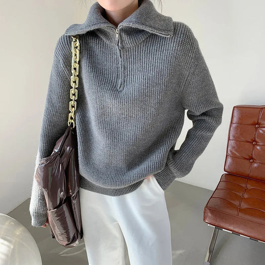 Damen-Strickpullover mit Stehkragen und 1/4-Reißverschluss, langärmelig