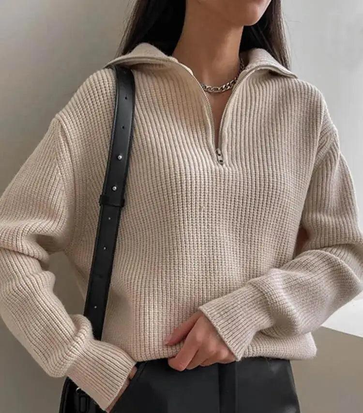 Damen-Strickpullover mit Stehkragen und 1/4-Reißverschluss, langärmelig