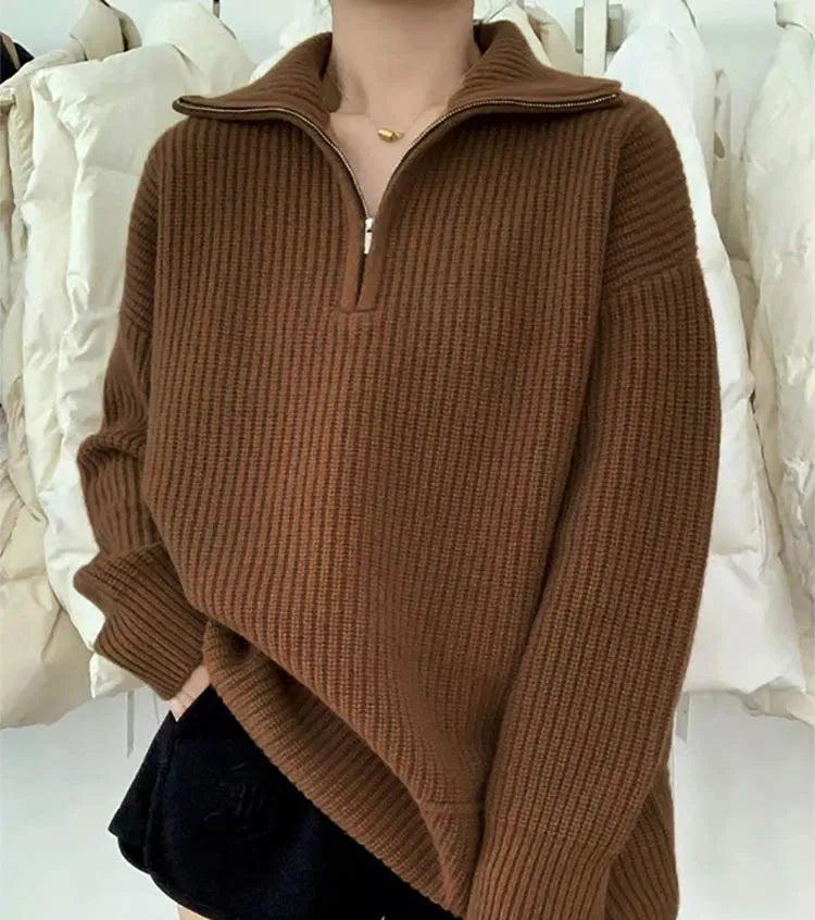 Damen-Strickpullover mit Stehkragen und 1/4-Reißverschluss, langärmelig
