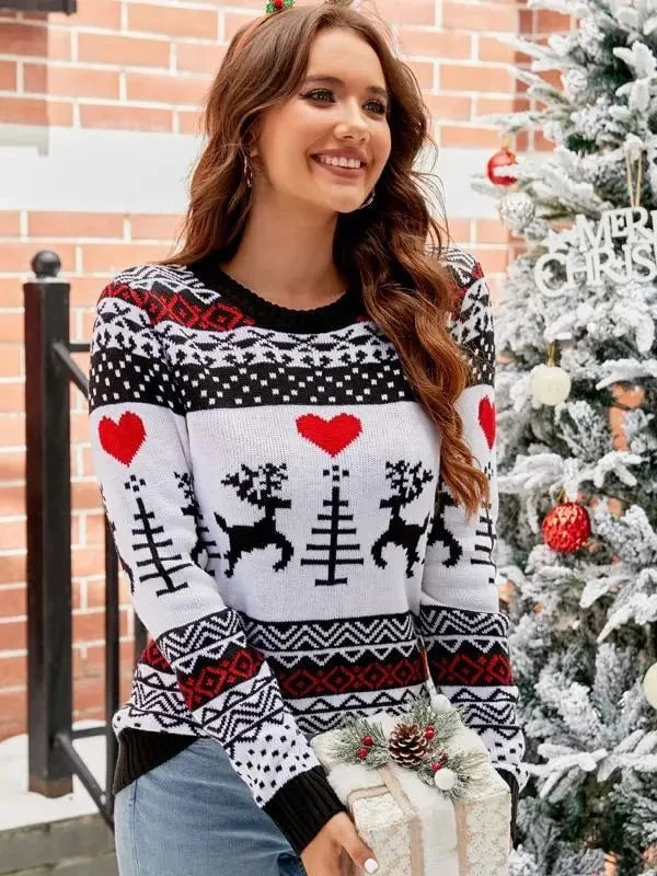 Damen-Strickpullover mit Tiermuster – Rundhalsausschnitt, winterlicher Stil
