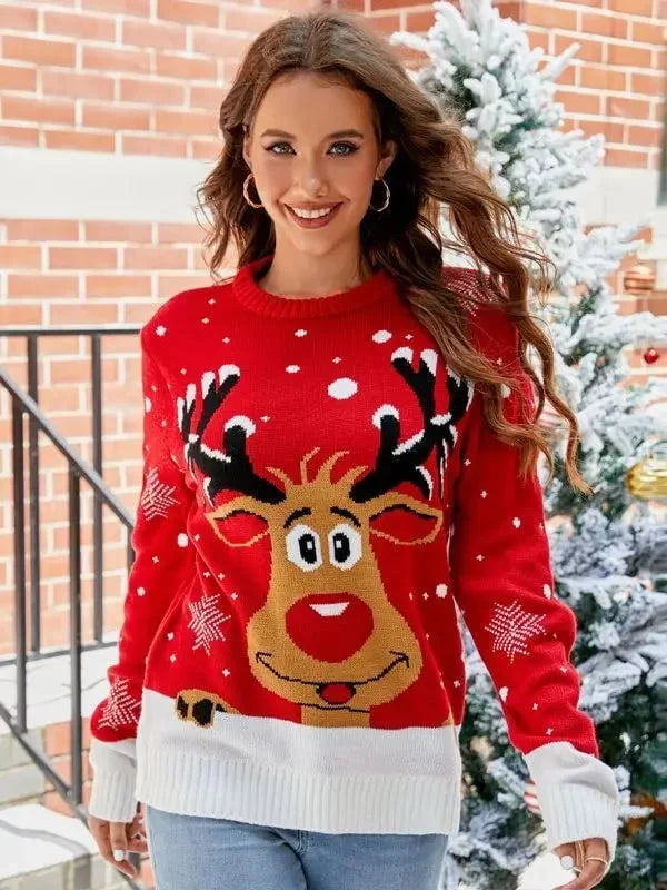Damen-Strickpullover mit Tiermuster – Rundhalsausschnitt, winterlicher Stil
