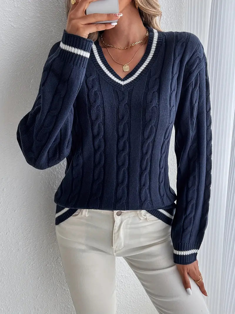 Damen-Strickpullover mit V-Ausschnitt und Zopfmuster