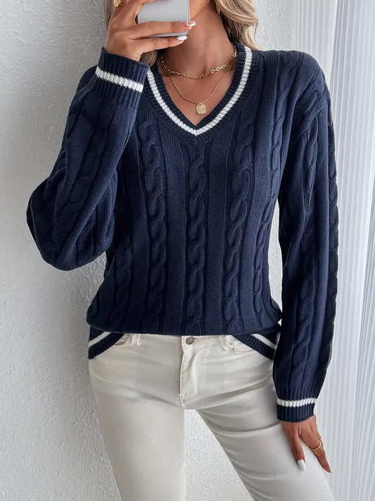 Damen-Strickpullover mit V-Ausschnitt und Zopfmuster