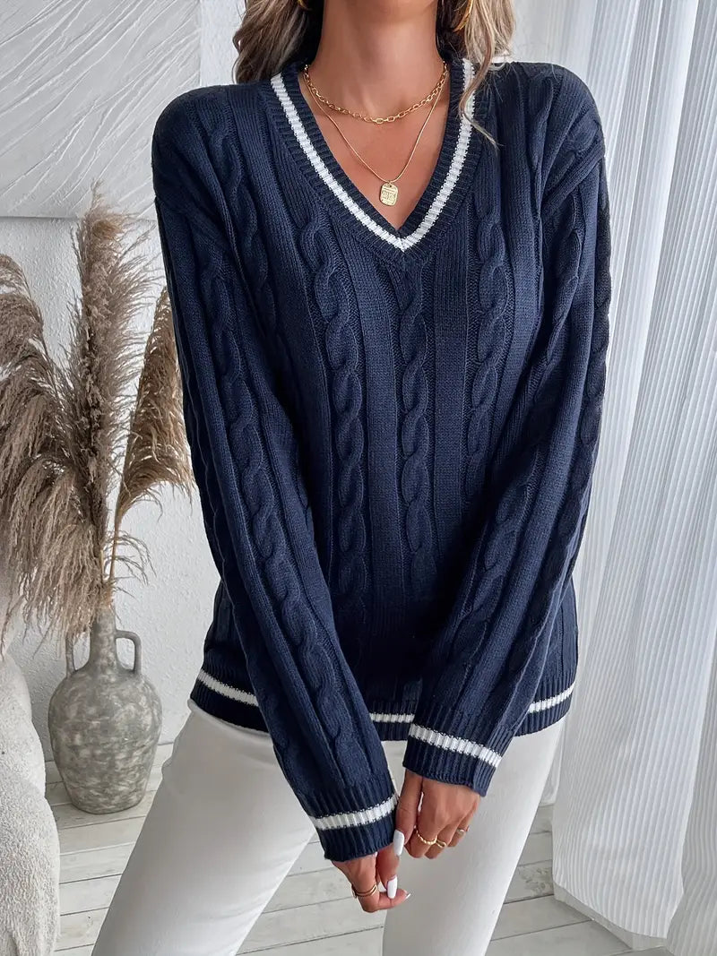 Damen-Strickpullover mit V-Ausschnitt und Zopfmuster