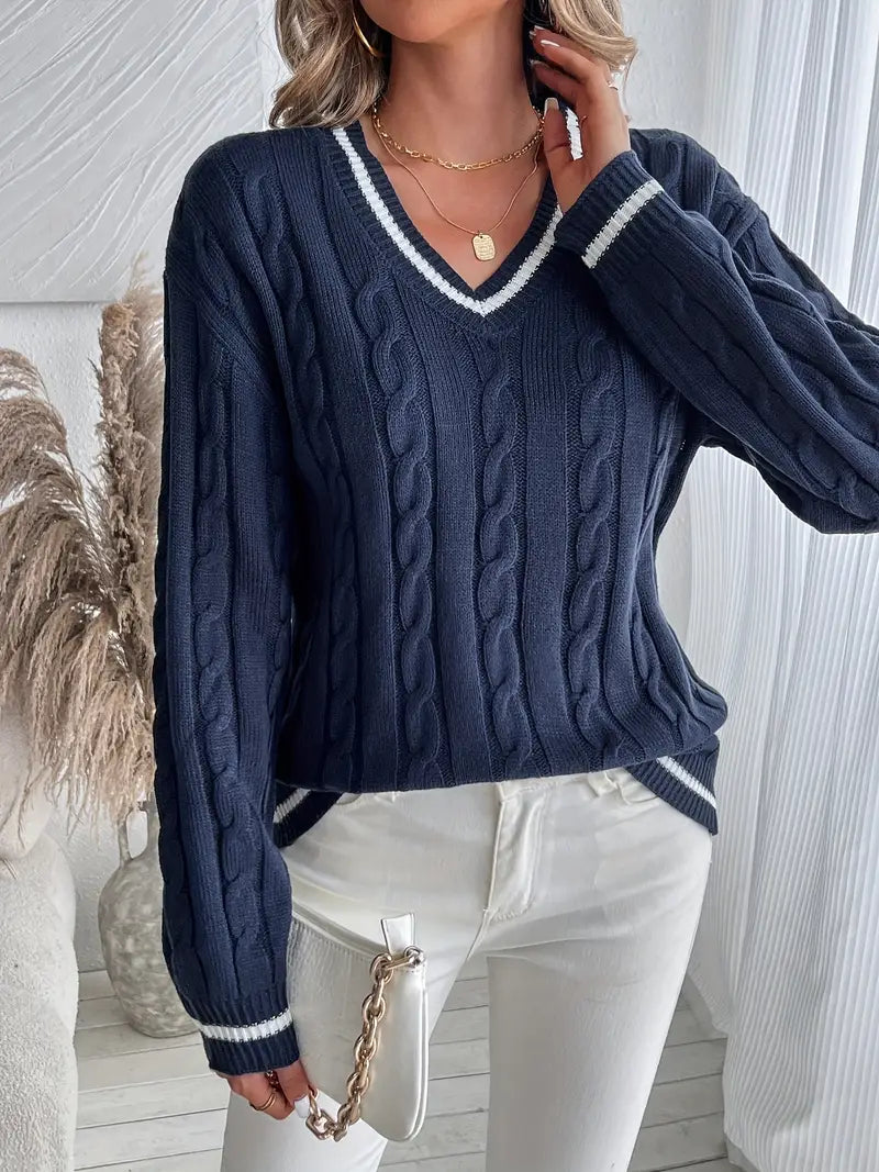 Damen-Strickpullover mit V-Ausschnitt und Zopfmuster