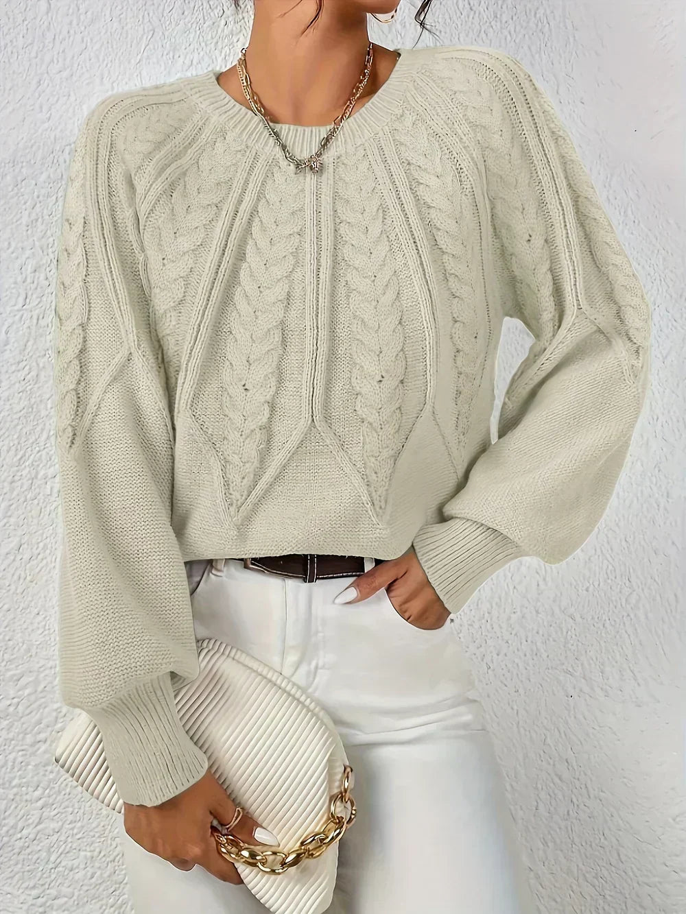 Damen-Strickpullover mit Zopfmuster und Raglanärmeln