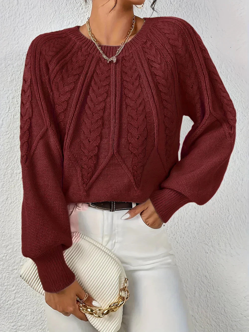 Damen-Strickpullover mit Zopfmuster und Raglanärmeln