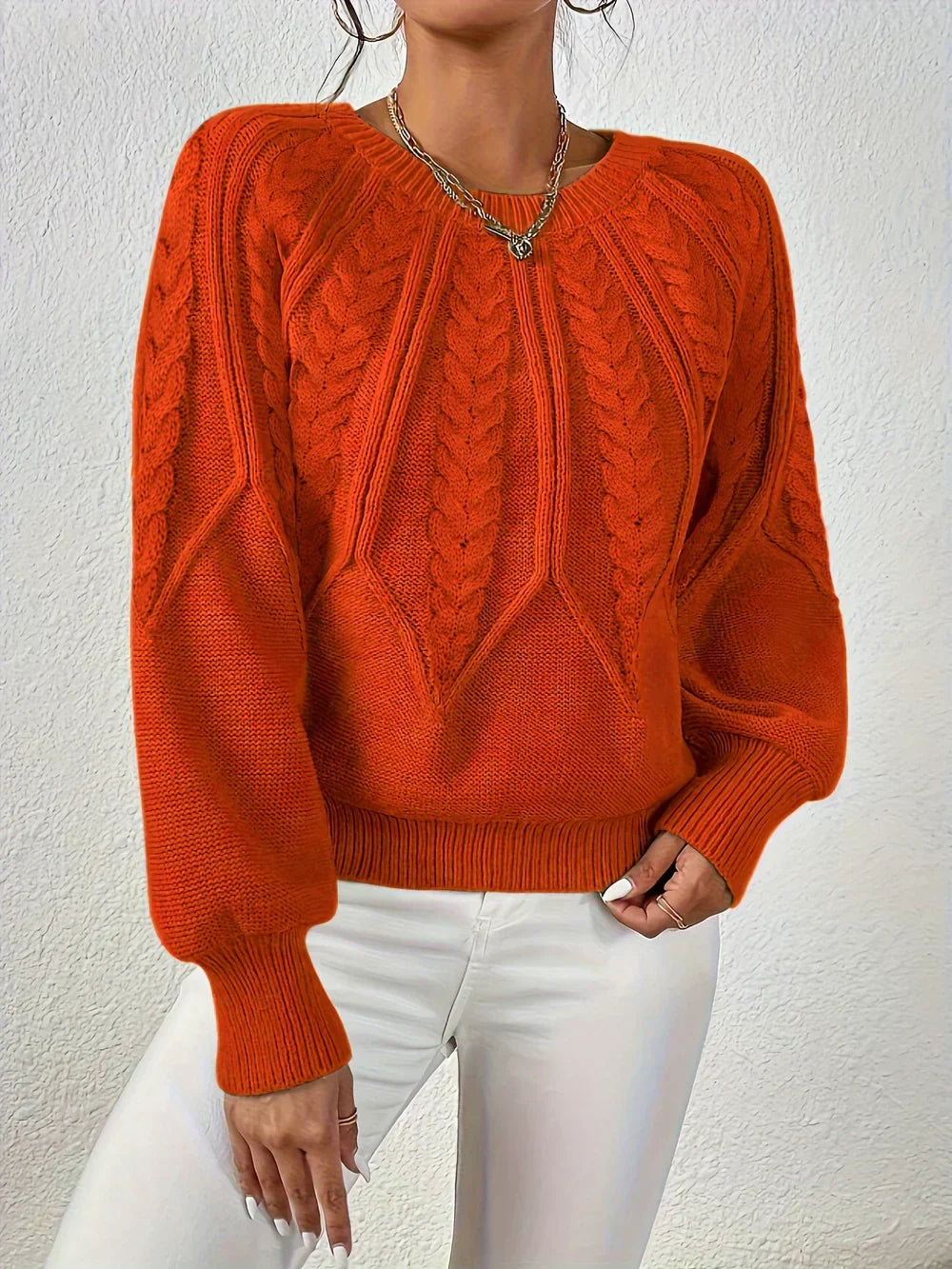 Damen-Strickpullover mit Zopfmuster und Raglanärmeln