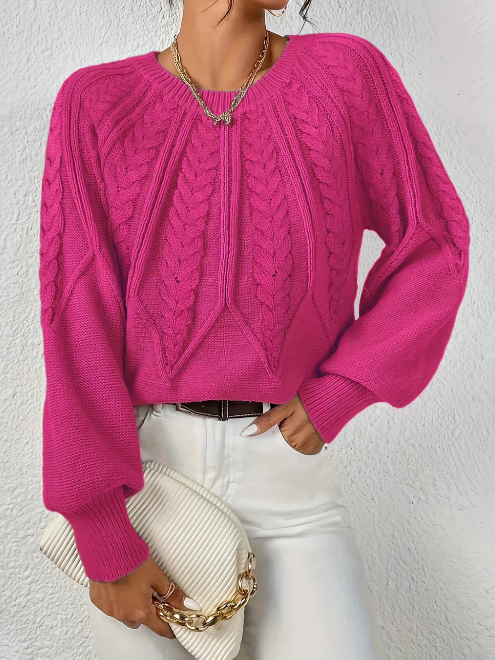 Damen-Strickpullover mit Zopfmuster und Raglanärmeln