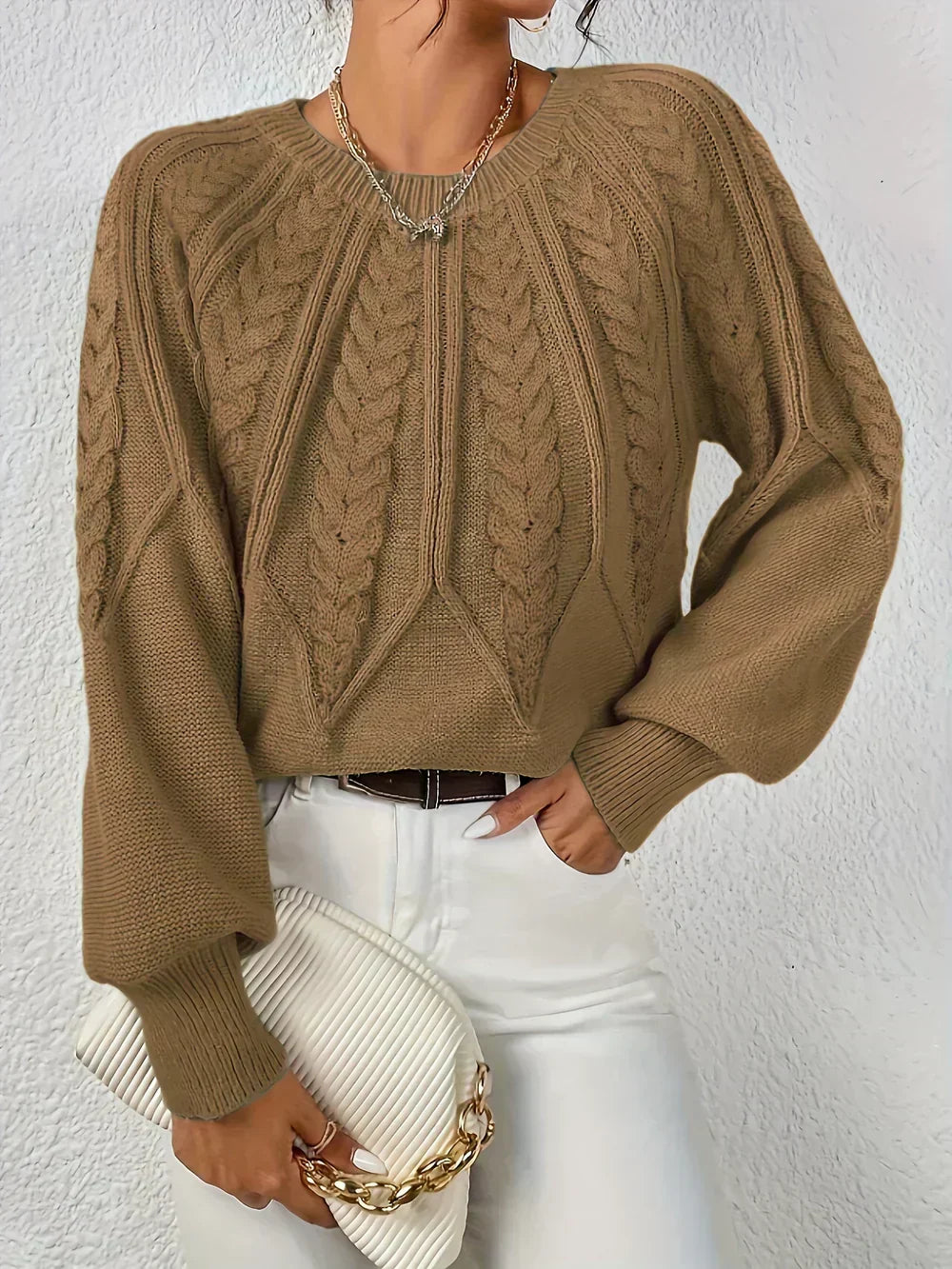 Damen-Strickpullover mit Zopfmuster und Raglanärmeln