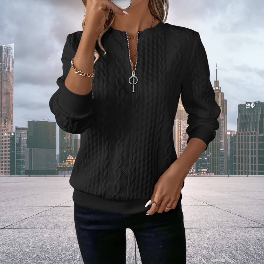 Damen-Strickpullover mit Zopfmuster und Reißverschluss