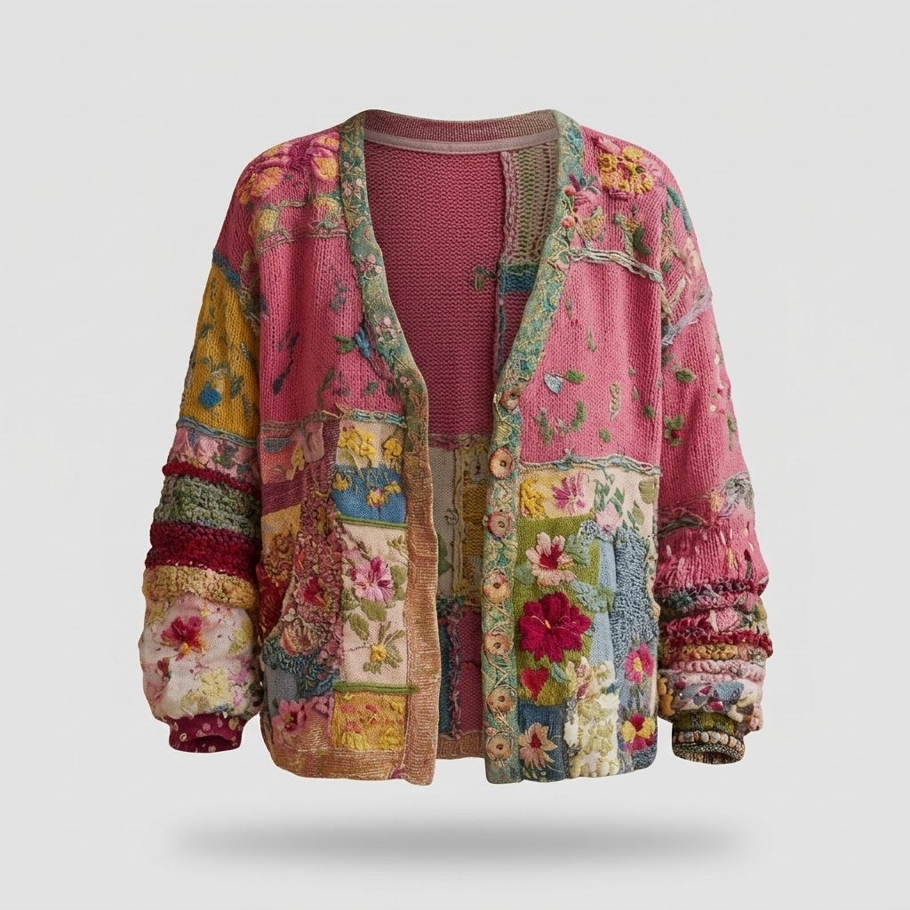 Damen-Strickweste mit floralem Patchwork