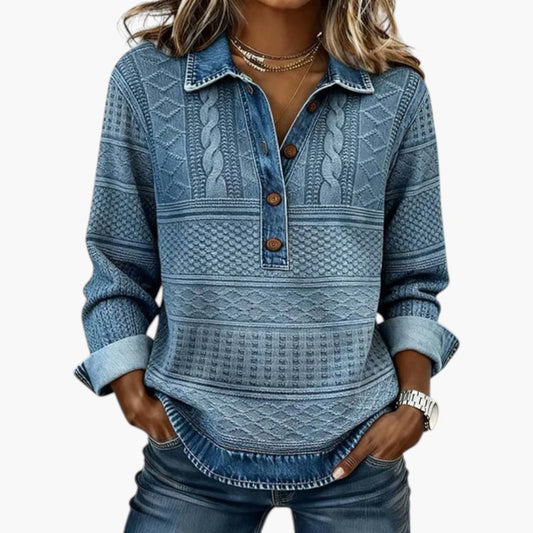 Damen-Sweatshirt mit halber Knopfleiste und strukturierter Oberfläche