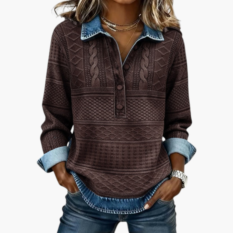Damen-Sweatshirt mit halber Knopfleiste und strukturierter Oberfläche